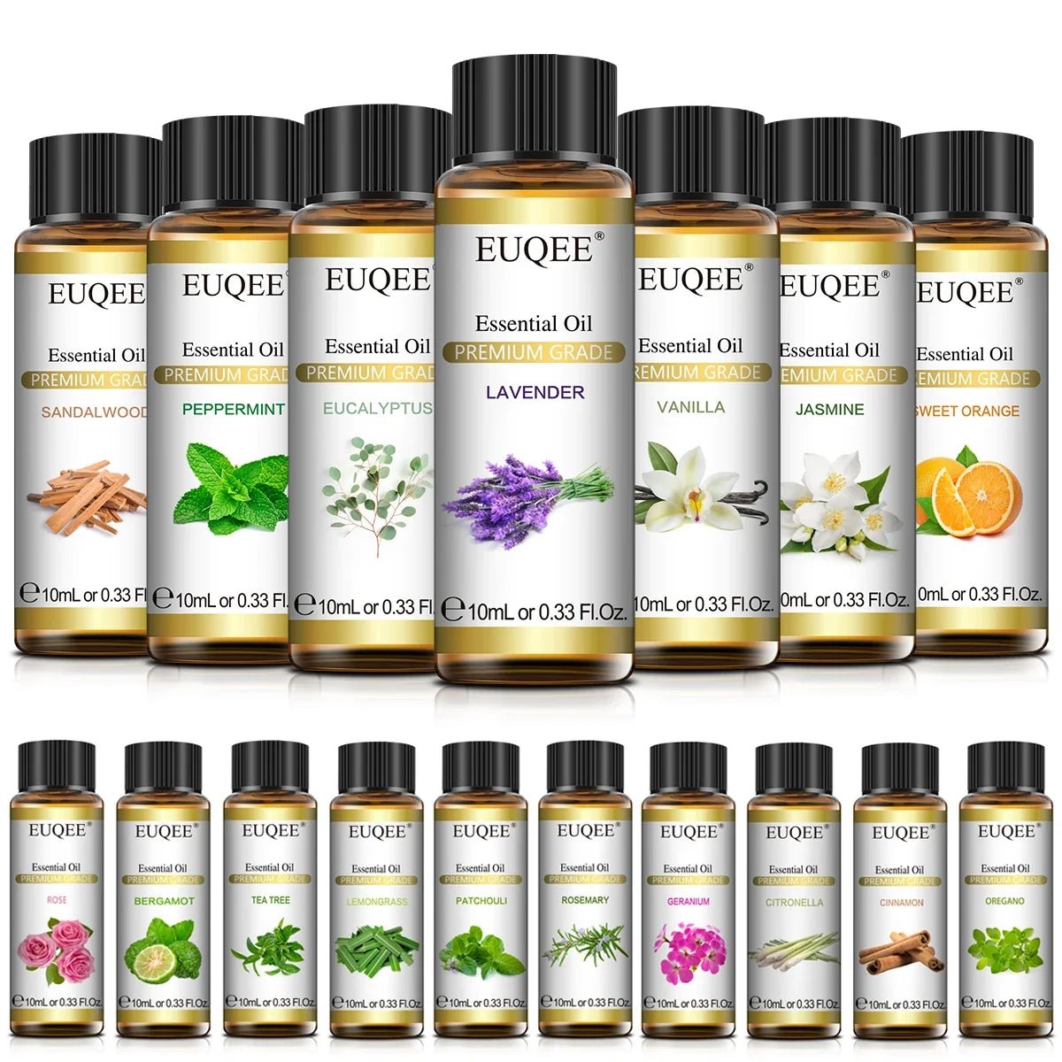 EUQEE 10ml Pure Natural Essential Oil Lavender Jasmine Eucalyptus Vanilla Sandalwood Sweet Orange Lemon Oregano Rose Fragrance - JromoCompany